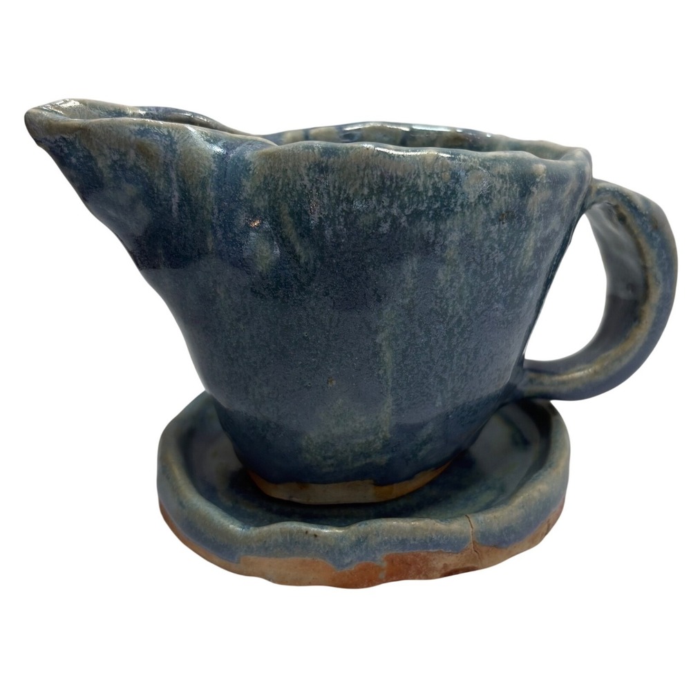 Handmade Studio Pottery Gravy Boat Saucer Blue Green Drip Glaze Art Vintage